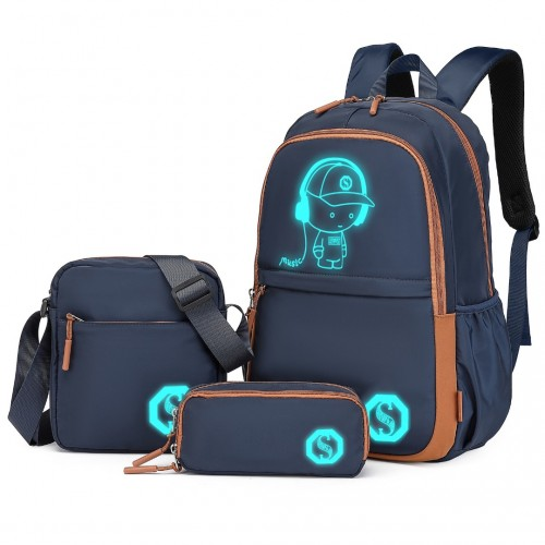 Kono Lightweight & Glow-in-the-Dark 3-Piece Laptop Backpack Set - Navy And Brown | Crossbody Bag & Pencil Case Included - BEYRUN