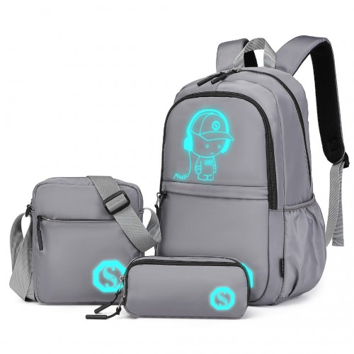 Kono Lightweight & Glow-in-the-Dark 3-Piece Laptop Backpack Set - Grey | Stylish & Practical - BEYRUN