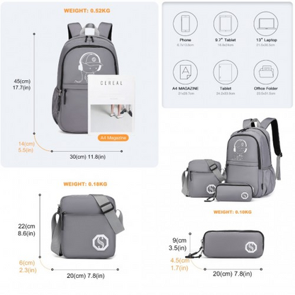 Kono Lightweight & Glow-in-the-Dark 3-Piece Laptop Backpack Set - Grey | Stylish & Practical - BEYRUN