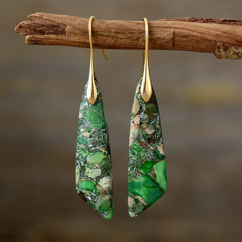 Green Imperial Jasper Stones Earrings - Elegant Bohemian Jewelry - BEYRUN