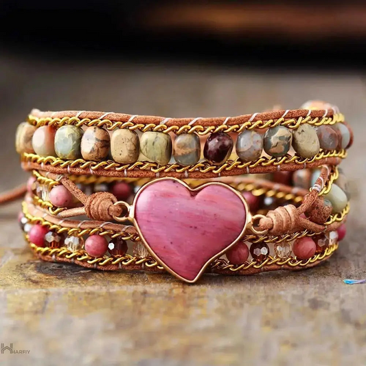 Rhodonite Heart Wrap Bracelet – Handcrafted Bohemian Style with Adjustable Clasp, Natural Stones & Red Wood Grain Beads - BEYRUN