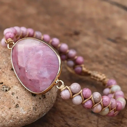 Elegant Rhodonite Hand-Woven Bracelet - Genuine Semi-Precious Stones, Bohemian Style, Perfect for All Occasions - BEYRUN