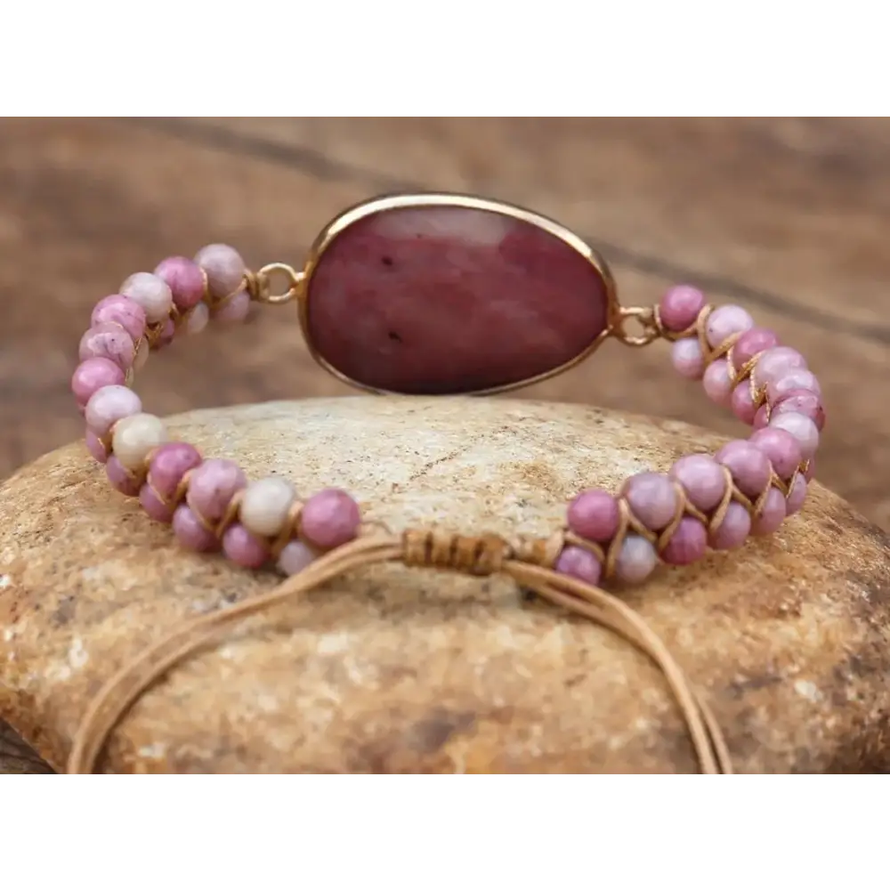 Elegant Rhodonite Hand-Woven Bracelet - Genuine Semi-Precious Stones, Bohemian Style, Perfect for All Occasions - BEYRUN