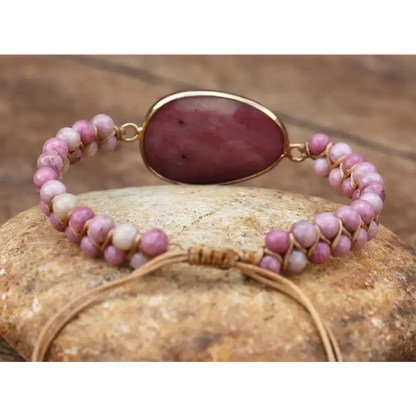 Elegant Rhodonite Hand-Woven Bracelet - Genuine Semi-Precious Stones, Bohemian Style, Perfect for All Occasions - BEYRUN