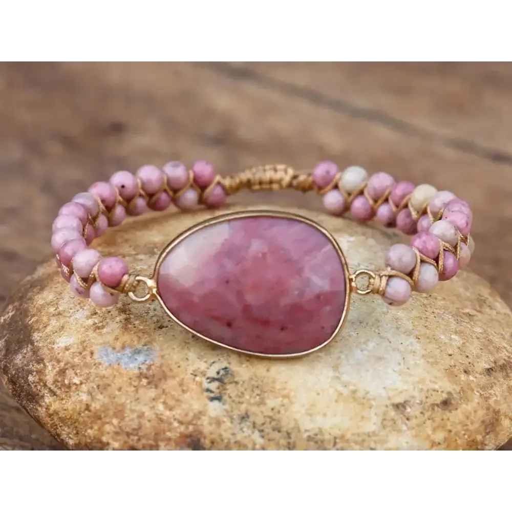 Elegant Rhodonite Hand-Woven Bracelet - Genuine Semi-Precious Stones, Bohemian Style, Perfect for All Occasions - BEYRUN