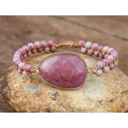 Elegant Rhodonite Hand-Woven Bracelet - Genuine Semi-Precious Stones, Bohemian Style, Perfect for All Occasions - BEYRUN