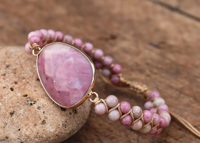 Elegant Rhodonite Hand-Woven Bracelet - Genuine Semi-Precious Stones, Bohemian Style, Perfect for All Occasions - BEYRUN