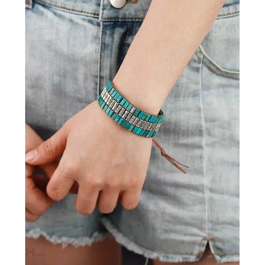 Turquoise Antique Braided Bracelet - Handcrafted Bohemian Jewelry with Genuine Turquoise Stones - BEYRUN