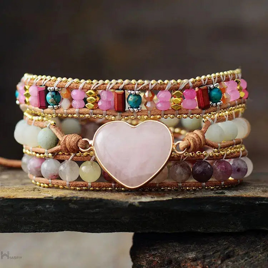 Rose Quartz & Tourmaline Heart Wrap Bracelet - Elevate Your Style with Healing Crystals - BEYRUN