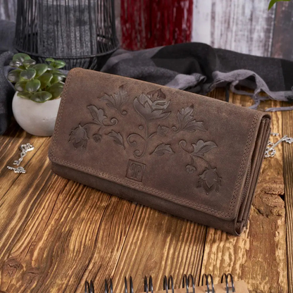 Women's Vintage Leather Wallet - Classic Floral Motif - BEYRUN