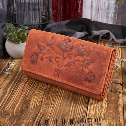 Women's Vintage Leather Wallet - Classic Floral Motif - BEYRUN