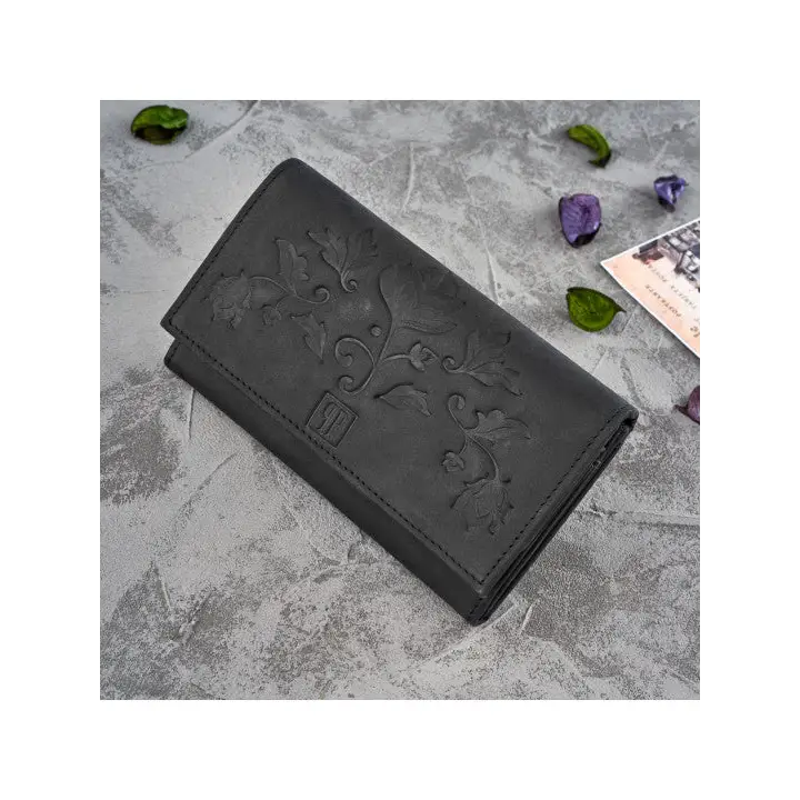 Women's Leather Wallet - Black | Premium Quality, Floral Embossing, RFID Protection - BEYRUN