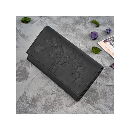 Women's Leather Wallet - Black | Premium Quality, Floral Embossing, RFID Protection - BEYRUN