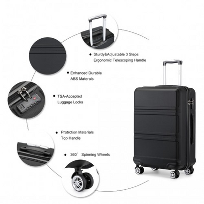 Kono ABS Sculpted Horizontal Design 3 Piece Suitcase Set - Black | Lightweight & Durable Luggage - BEYRUN