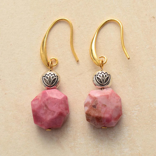 Exquisite Rhodonite Lotus Dangle Earrings | Bohemian Semi-Precious Stone Jewelry for Women - BEYRUN