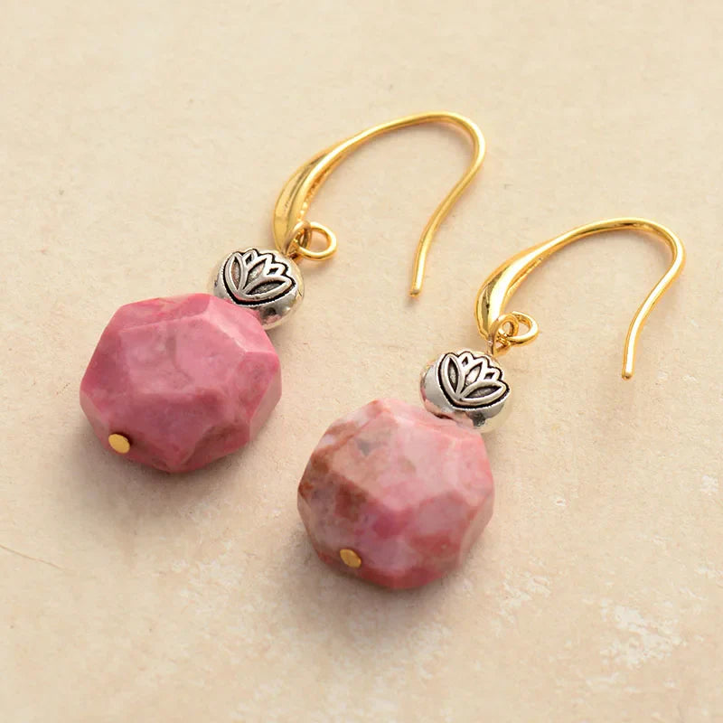 Exquisite Rhodonite Lotus Dangle Earrings | Bohemian Semi-Precious Stone Jewelry for Women - BEYRUN