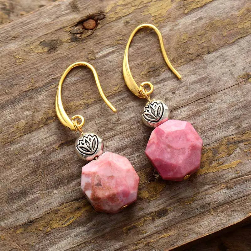 Exquisite Rhodonite Lotus Dangle Earrings | Bohemian Semi-Precious Stone Jewelry for Women - BEYRUN