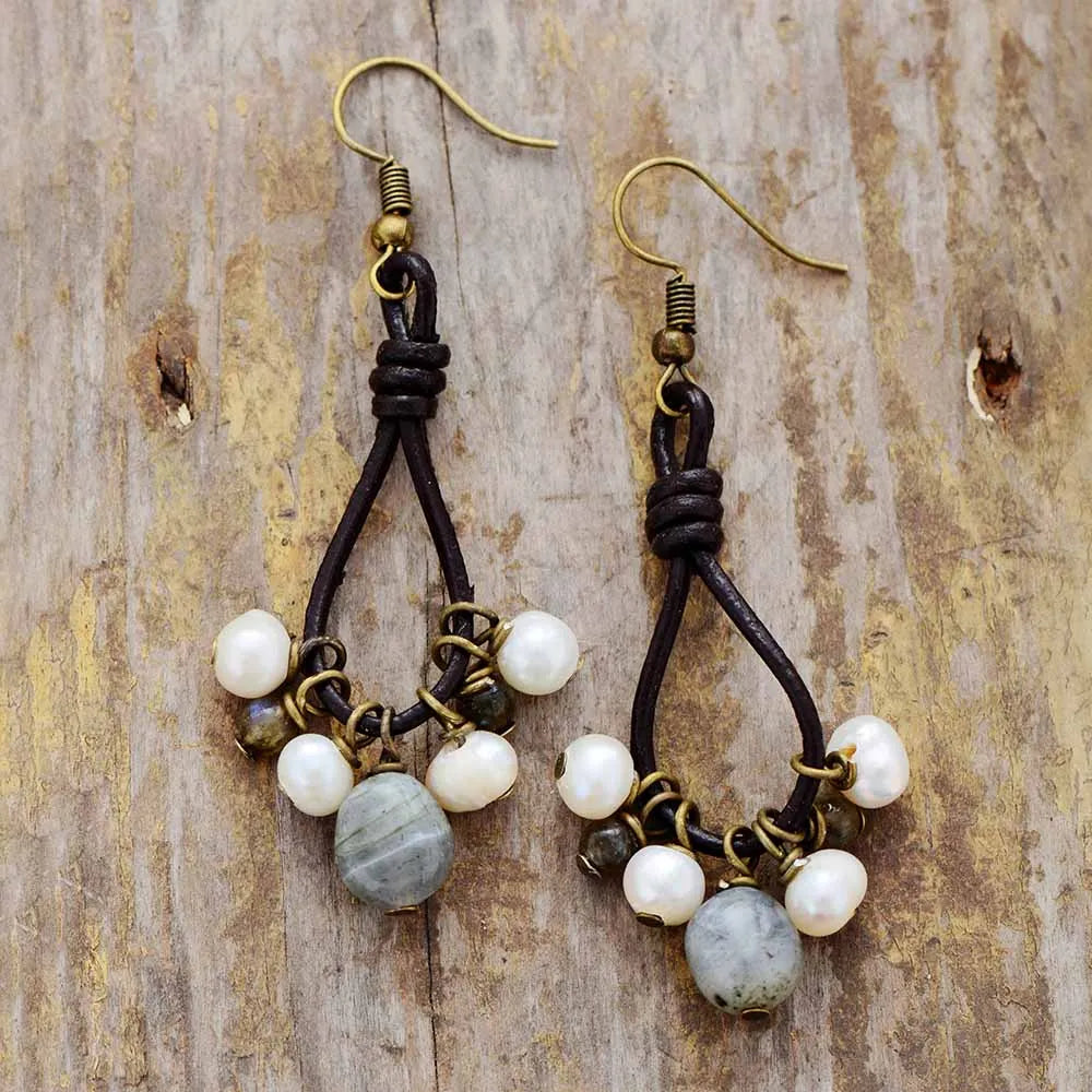 Handmade Vintage Pearl Labradorite Earrings - Unique Iridescent Glow - BEYRUN