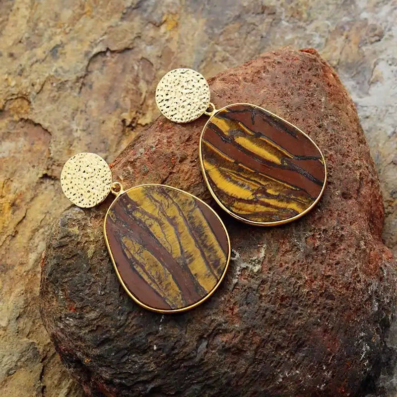 Elegant Tiger Eye Dangle Earrings - Handcrafted Bohemian Jewelry - BEYRUN