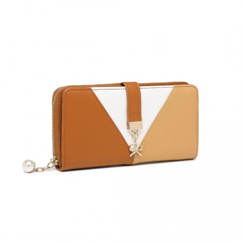 Miss Lulu Tri-colour V-shaped RFID Blocking PU Leather Clutch Long Purse - Brown | Stylish & Secure Women's Wallet - BEYRUN