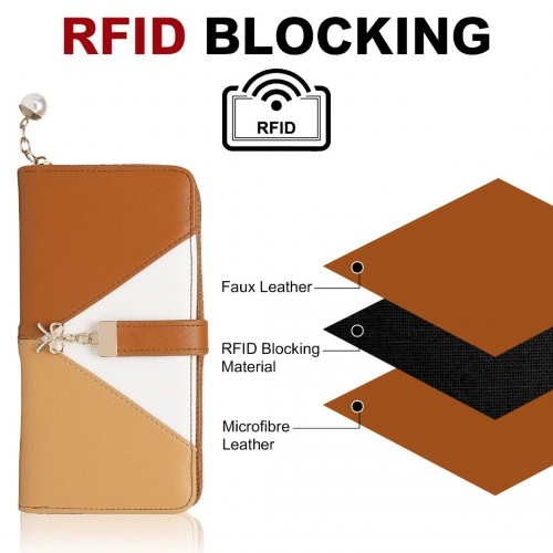 Miss Lulu Tri-colour V-shaped RFID Blocking PU Leather Clutch Long Purse - Brown | Stylish & Secure Women's Wallet - BEYRUN