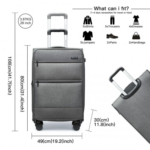 British Traveller 28" Lightweight Expandable Soft Shell Suitcase with TSA Lock - Grey - BEYRUN