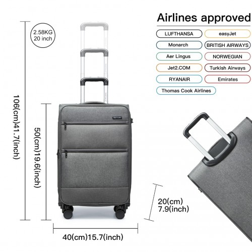 British Traveller 20 Inch Lightweight Cabin Carry-On Suitcase with Laptop Compartment - Grey - BEYRUN