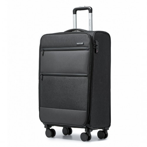 British Traveller 20 Inch Lightweight Cabin Carry-On Suitcase with Soft Shell and Laptop Compartment - Black - BEYRUN