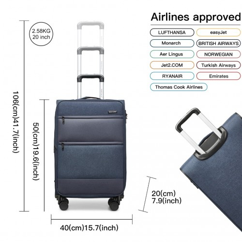 British Traveller 20 Inch Lightweight Cabin Carry-On Suitcase with Laptop Compartment - Navy - BEYRUN