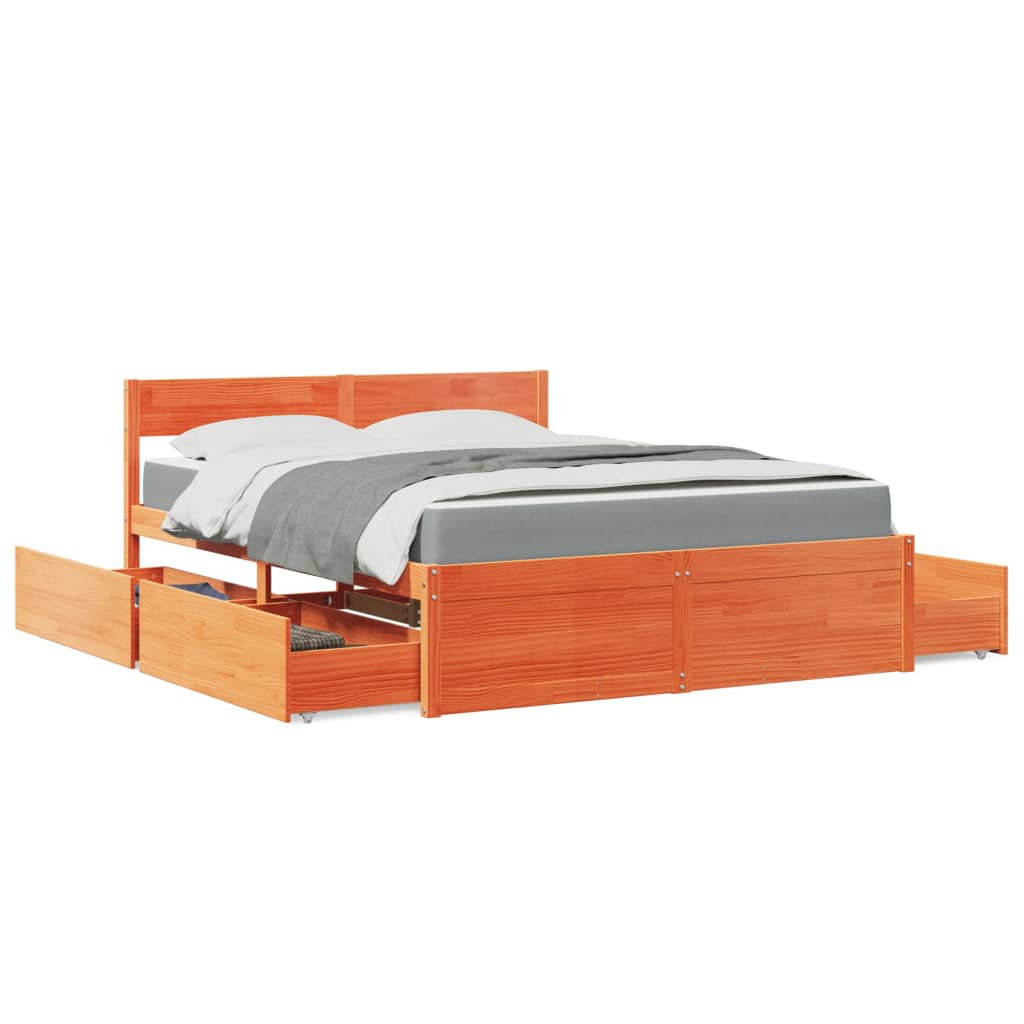 vidaXL Solid Wood Pine Bed with Drawers and Mattress - Wax Brown 140x200 cm - BEYRUN