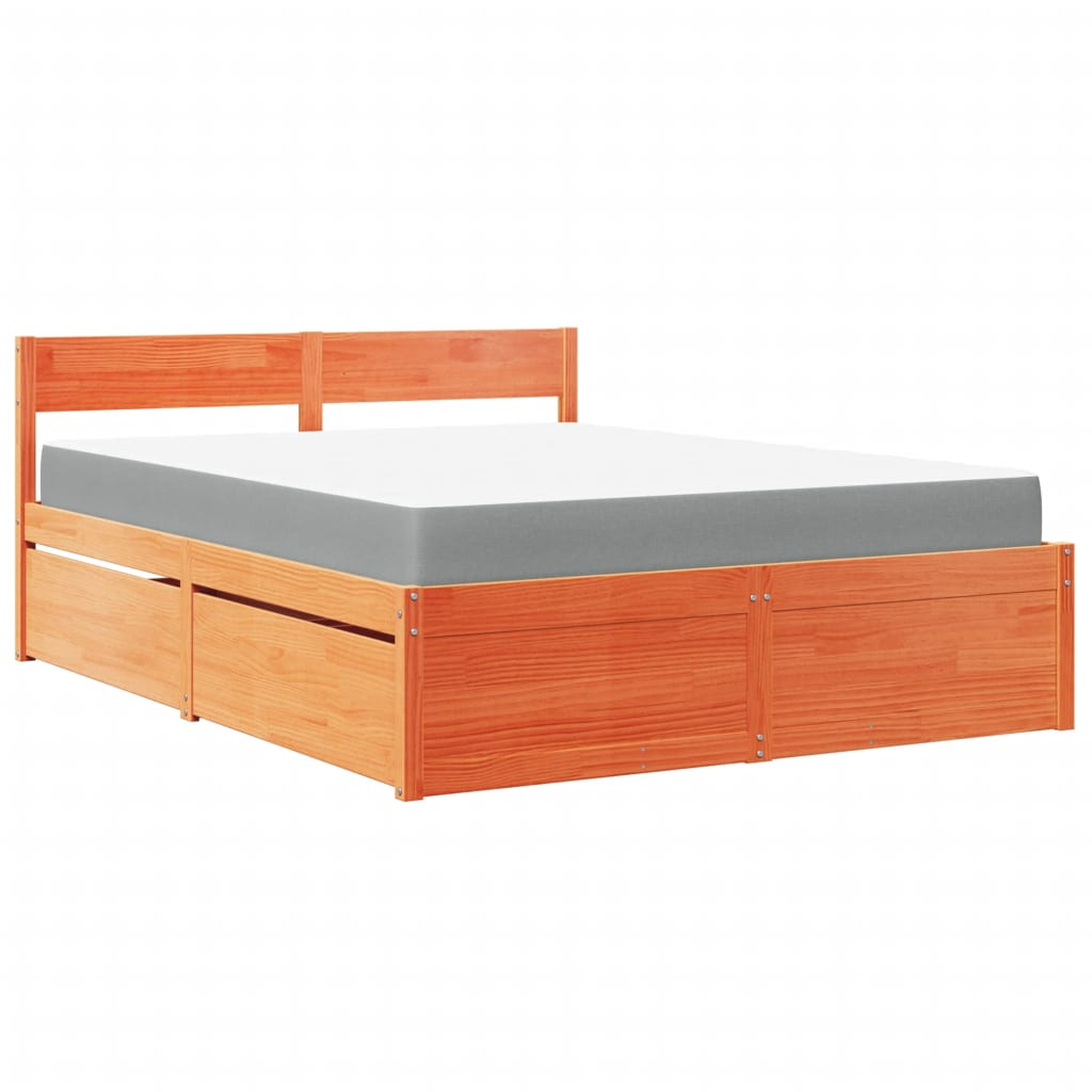 vidaXL Solid Wood Pine Bed with Drawers and Mattress - Wax Brown 140x200 cm - BEYRUN