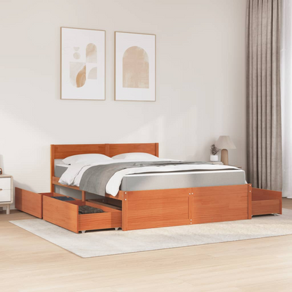 vidaXL Solid Wood Pine Bed with Drawers and Mattress - Wax Brown 140x200 cm - BEYRUN