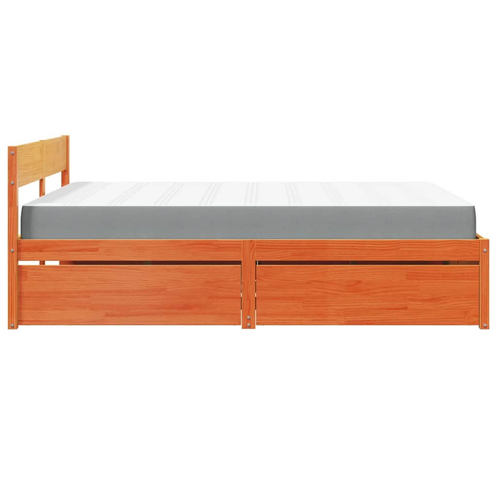 vidaXL Solid Wood Pine Bed with Drawers and Mattress - Wax Brown 140x200 cm - BEYRUN