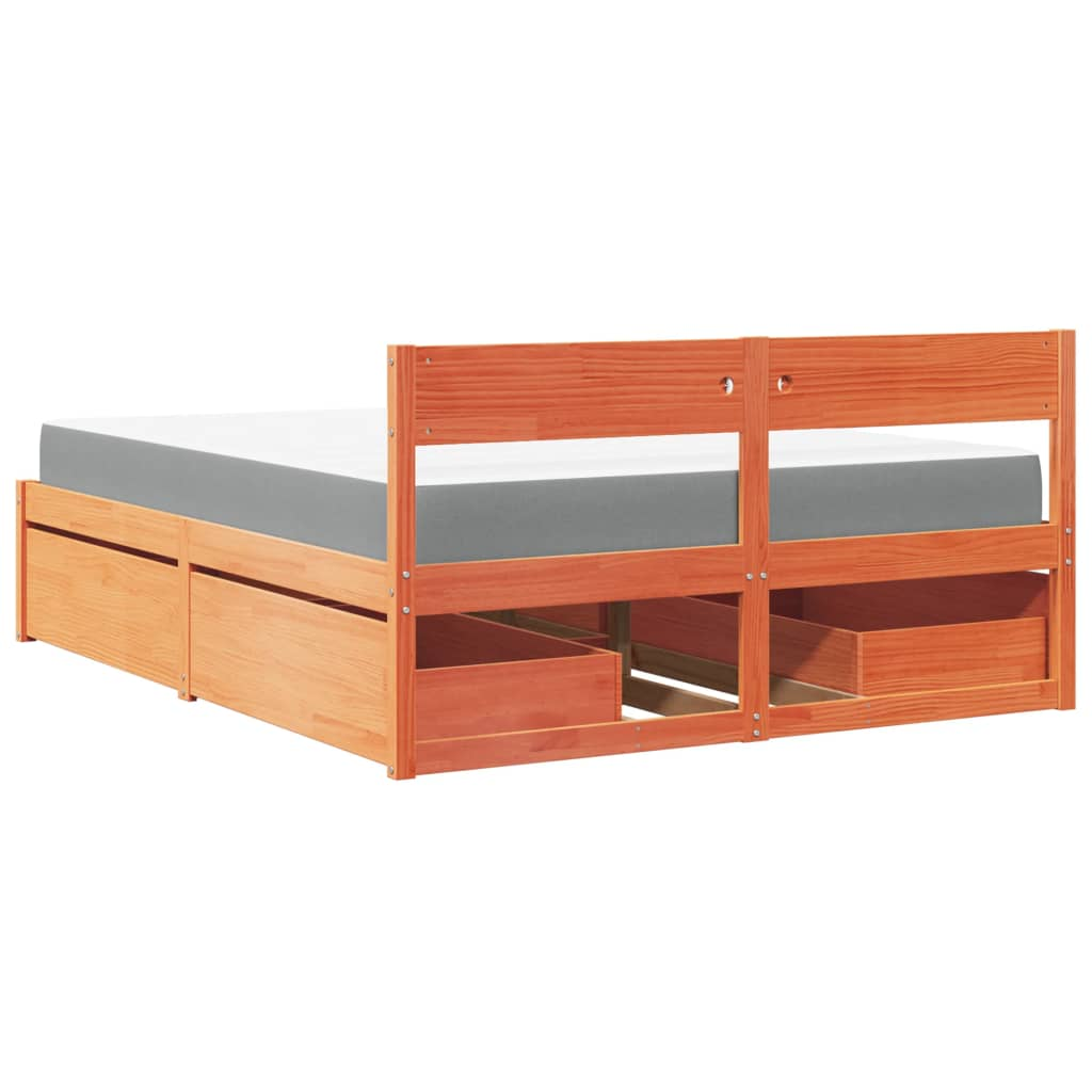 vidaXL Solid Wood Pine Bed with Drawers and Mattress - Wax Brown 140x200 cm - BEYRUN