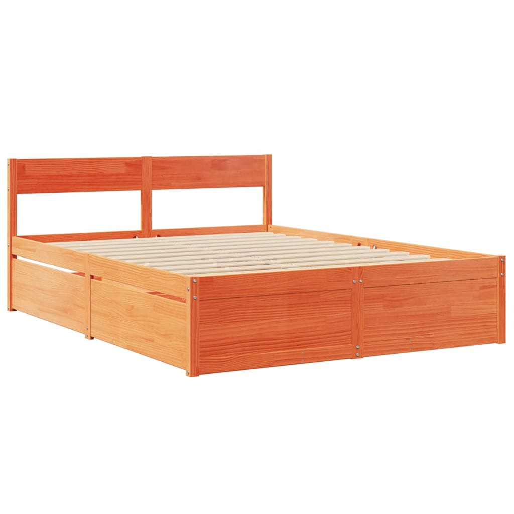 vidaXL Solid Wood Pine Bed with Drawers and Mattress - Wax Brown 140x200 cm - BEYRUN