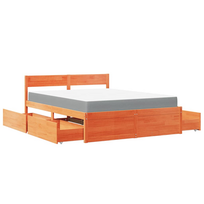 vidaXL Solid Wood Pine Bed with Drawers and Mattress - Wax Brown 140x200 cm - BEYRUN