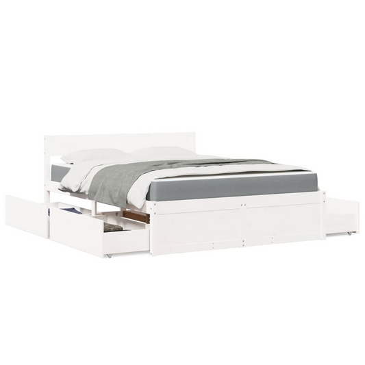 vidaXL Solid Wood Pine Bed with Drawers and Pocket Spring Mattress - White, 140x200 cm - BEYRUN