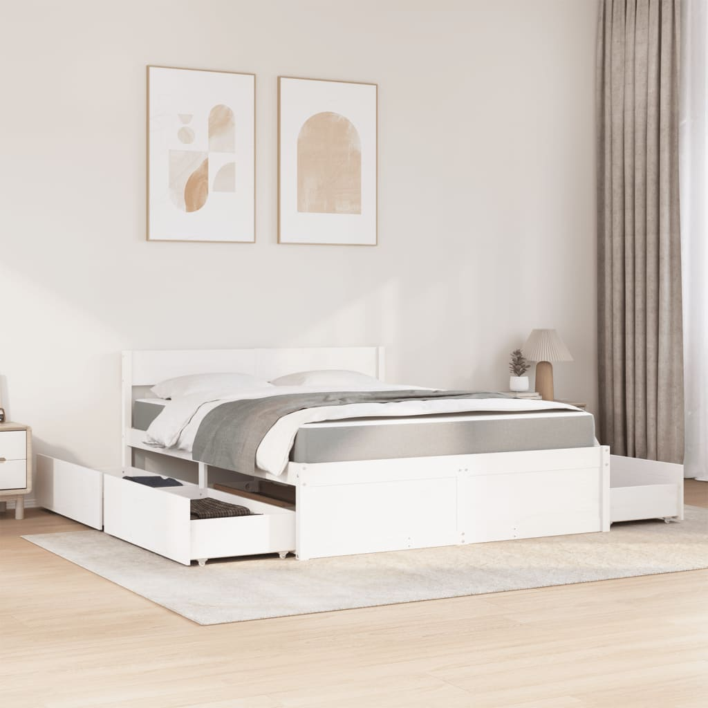 vidaXL Solid Wood Pine Bed with Drawers and Pocket Spring Mattress - White, 140x200 cm - BEYRUN