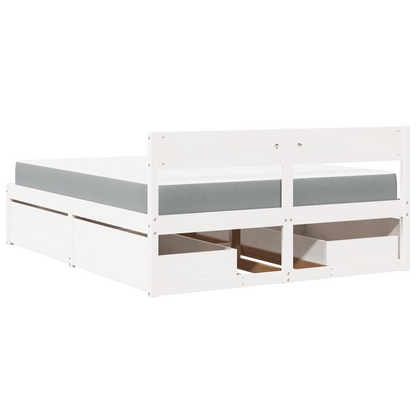 vidaXL Solid Wood Pine Bed with Drawers and Pocket Spring Mattress - White, 140x200 cm - BEYRUN