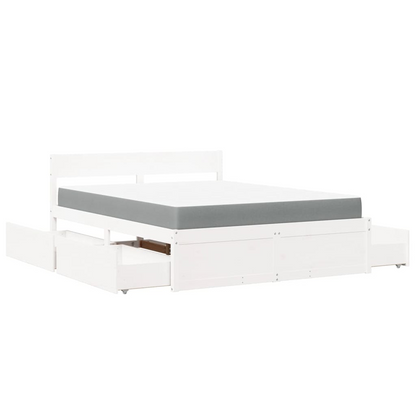 vidaXL Solid Wood Pine Bed with Drawers and Pocket Spring Mattress - White, 140x200 cm - BEYRUN