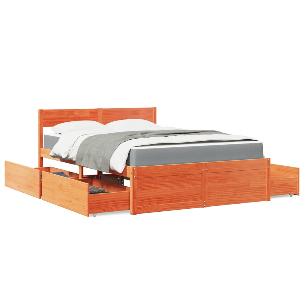 vidaXL Solid Wood Pine Bed with Drawers and Mattress - Small Double, Wax Brown, 120x190 cm - BEYRUN