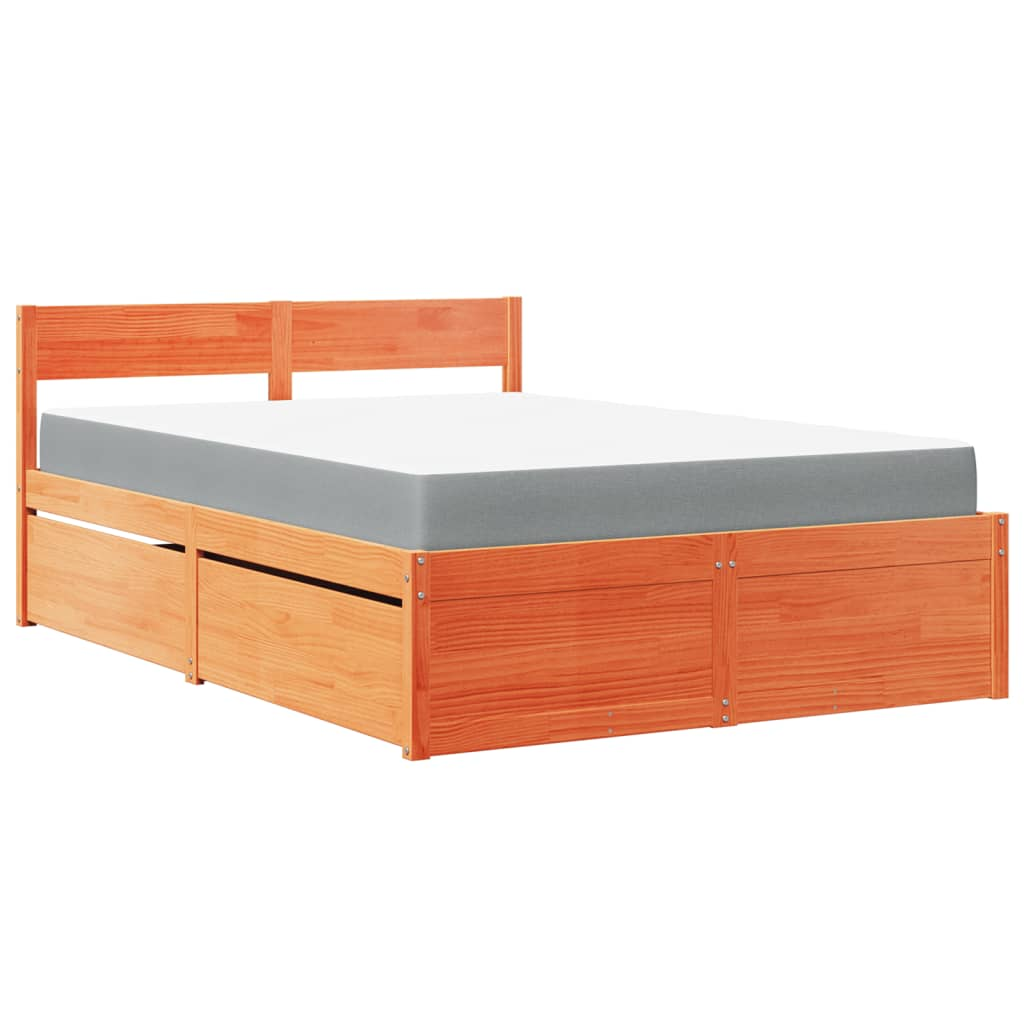 vidaXL Solid Wood Pine Bed with Drawers and Mattress - Small Double, Wax Brown, 120x190 cm - BEYRUN