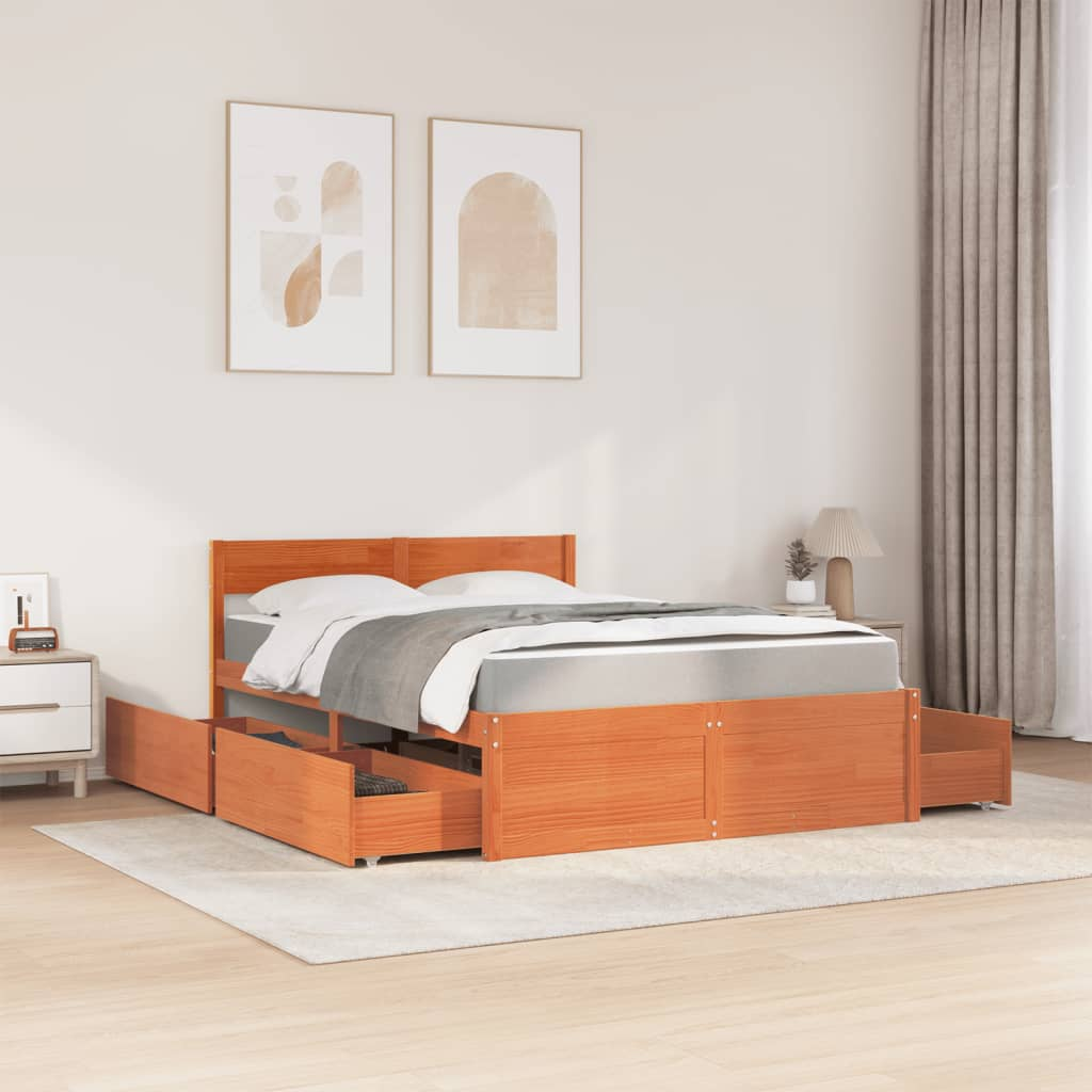 vidaXL Solid Wood Pine Bed with Drawers and Mattress - Small Double, Wax Brown, 120x190 cm - BEYRUN