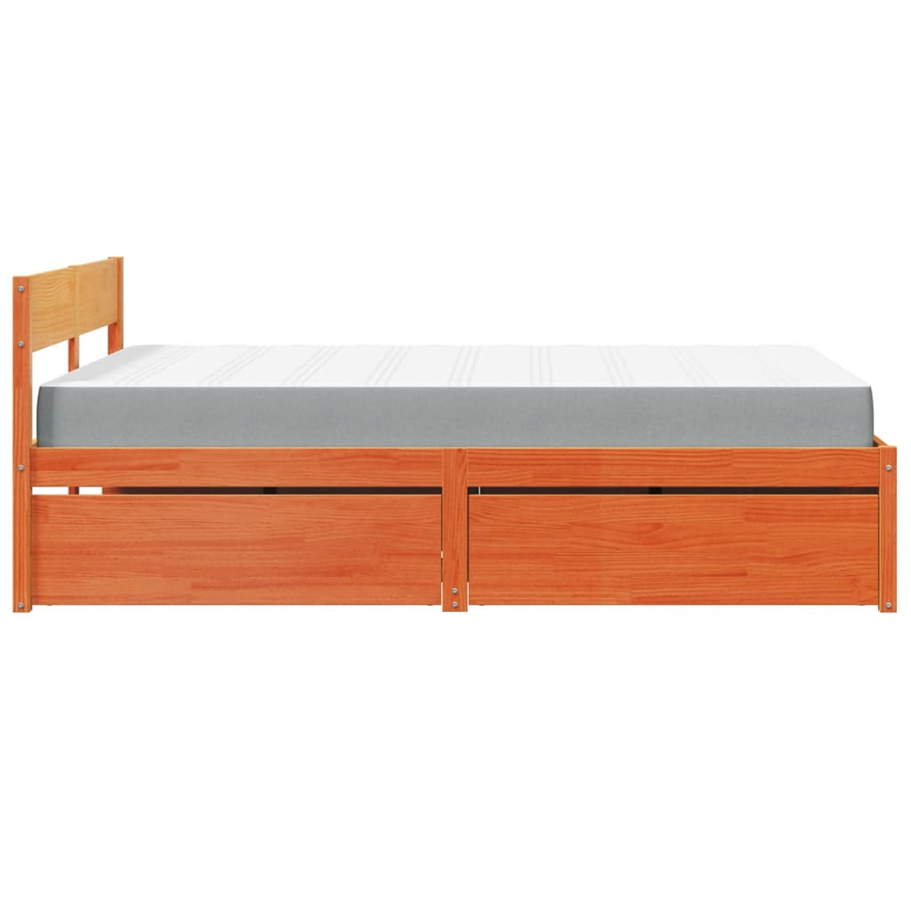 vidaXL Solid Wood Pine Bed with Drawers and Mattress - Small Double, Wax Brown, 120x190 cm - BEYRUN