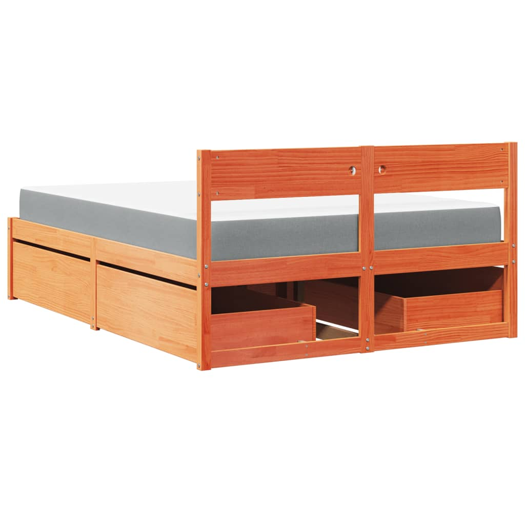 vidaXL Solid Wood Pine Bed with Drawers and Mattress - Small Double, Wax Brown, 120x190 cm - BEYRUN