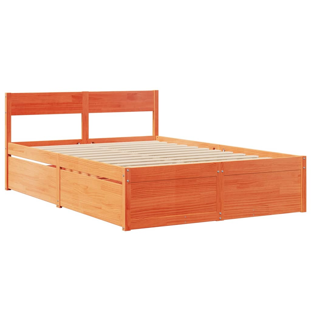 vidaXL Solid Wood Pine Bed with Drawers and Mattress - Small Double, Wax Brown, 120x190 cm - BEYRUN