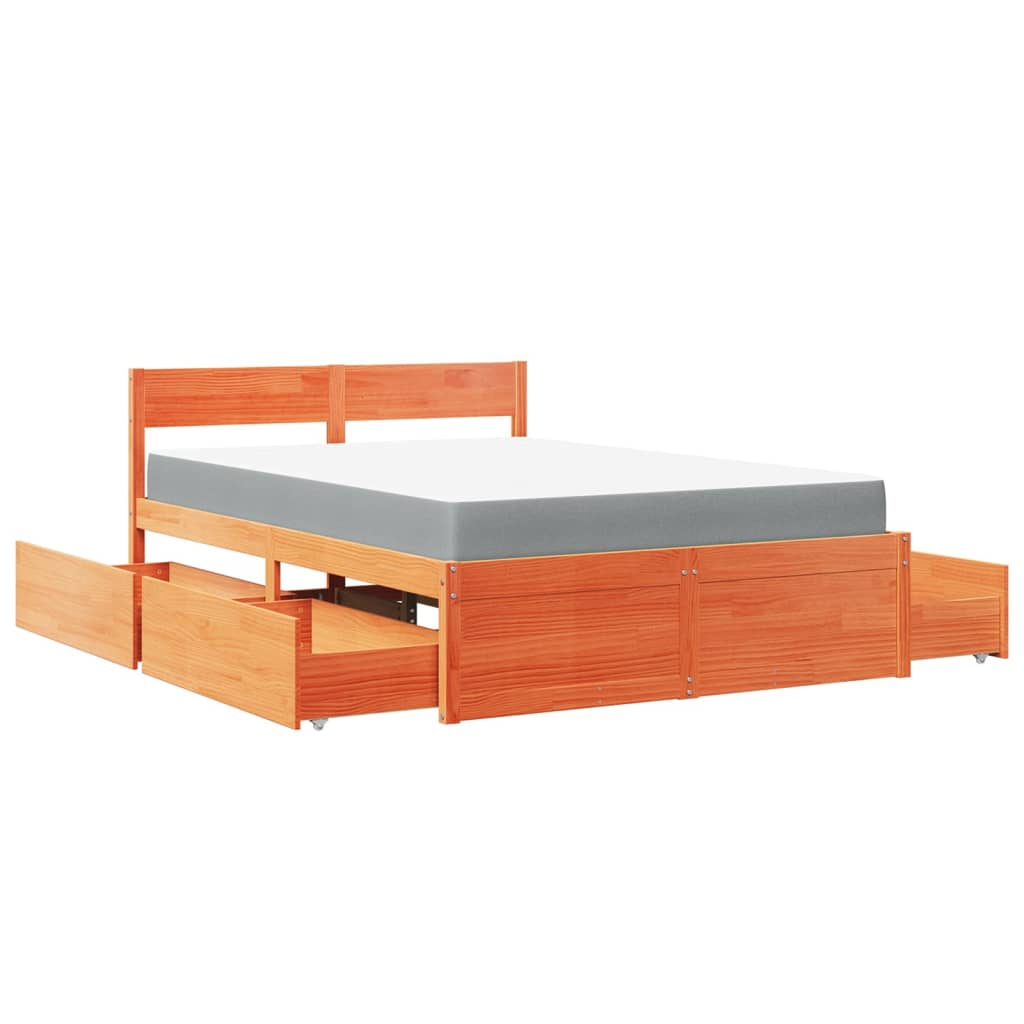 vidaXL Solid Wood Pine Bed with Drawers and Mattress - Small Double, Wax Brown, 120x190 cm - BEYRUN