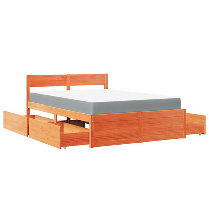 vidaXL Solid Wood Pine Bed with Drawers and Mattress - Small Double, Wax Brown, 120x190 cm - BEYRUN