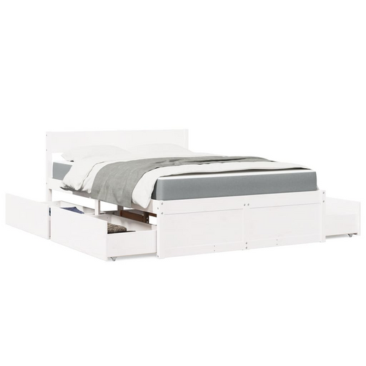 vidaXL Solid Pine Wood Small Double Bed with Drawers & Pocket Spring Mattress - White 120x190 cm - BEYRUN