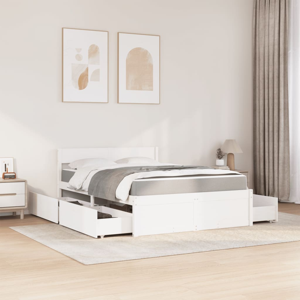 vidaXL Solid Pine Wood Small Double Bed with Drawers & Pocket Spring Mattress - White 120x190 cm - BEYRUN